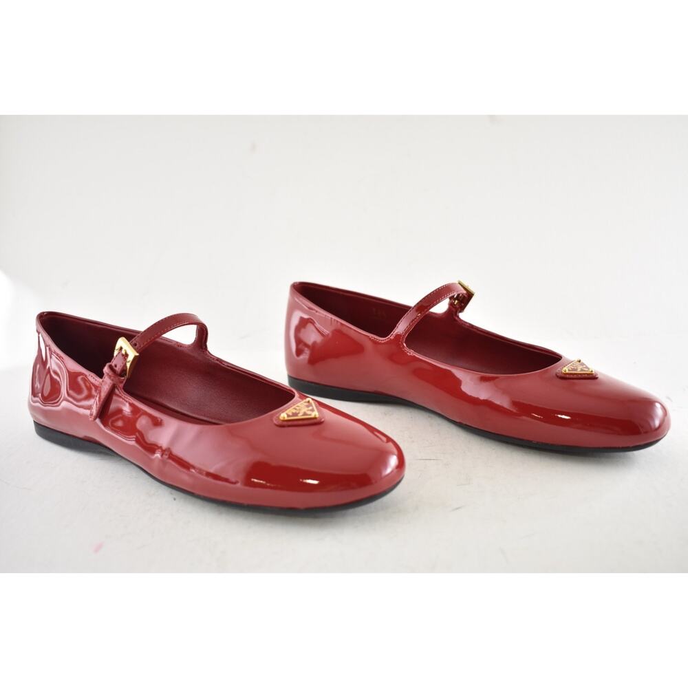 Prada Cherry Red Patent Gold Triangle Logo Mary Jane Ballerina Ballet Flat 38.5 - Picture 4 of 16